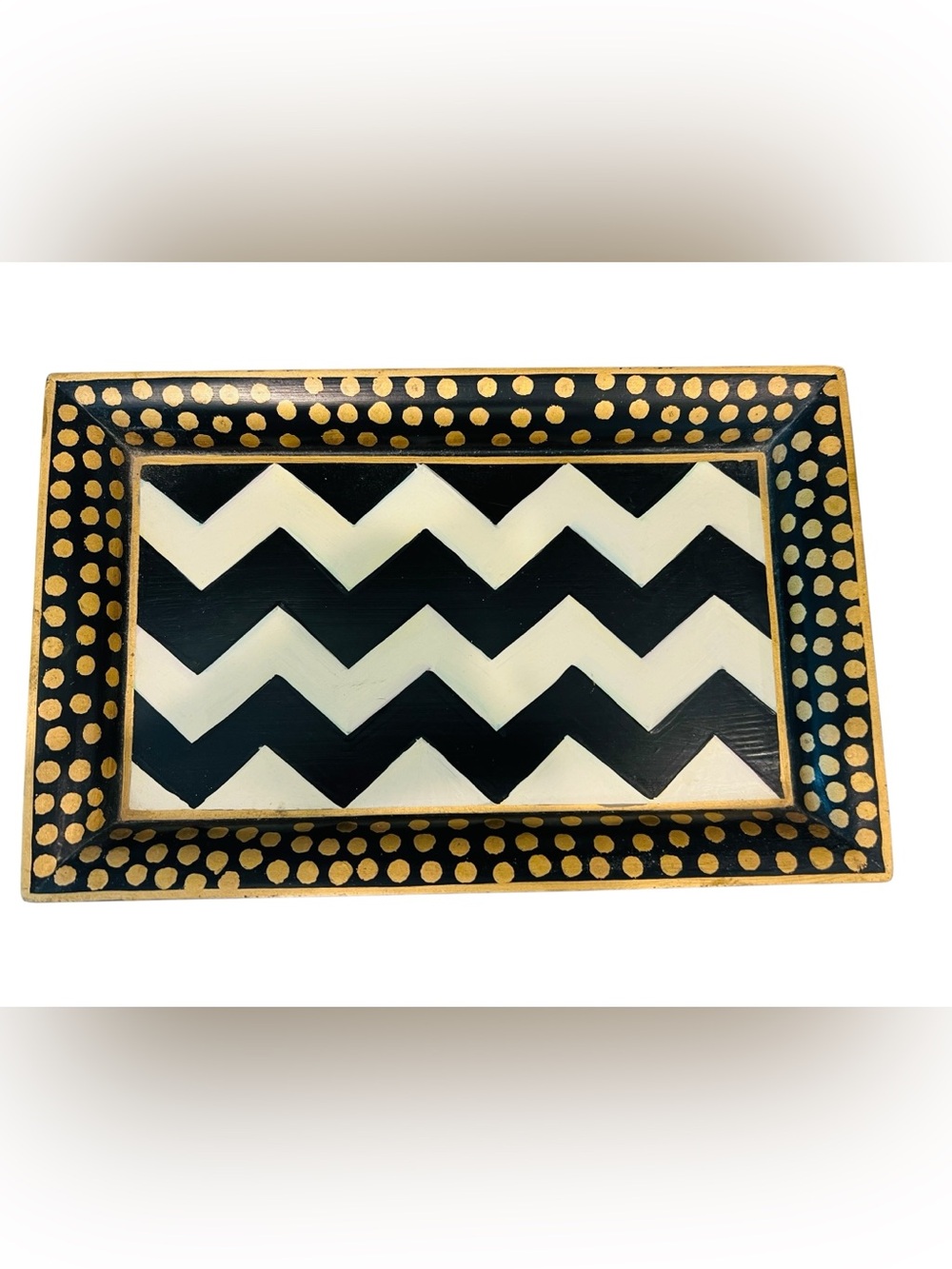 MacKenzie-Childs Zig Zag Tray Small Black White Gold Rectangular Tray 11”